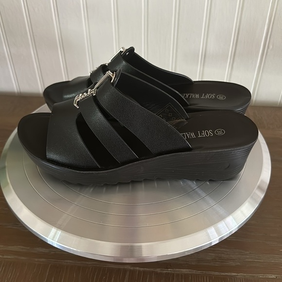 New! Soft Walker Black Slip On Platform Wedge Sandals sz 8 - Picture 8 of 11